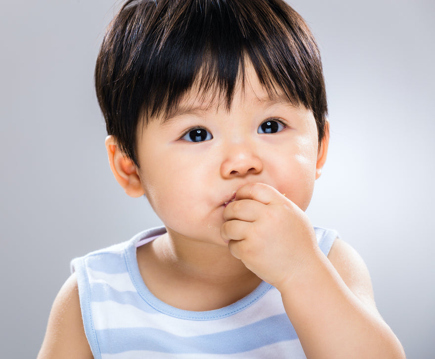 Asian baby eating a cookie