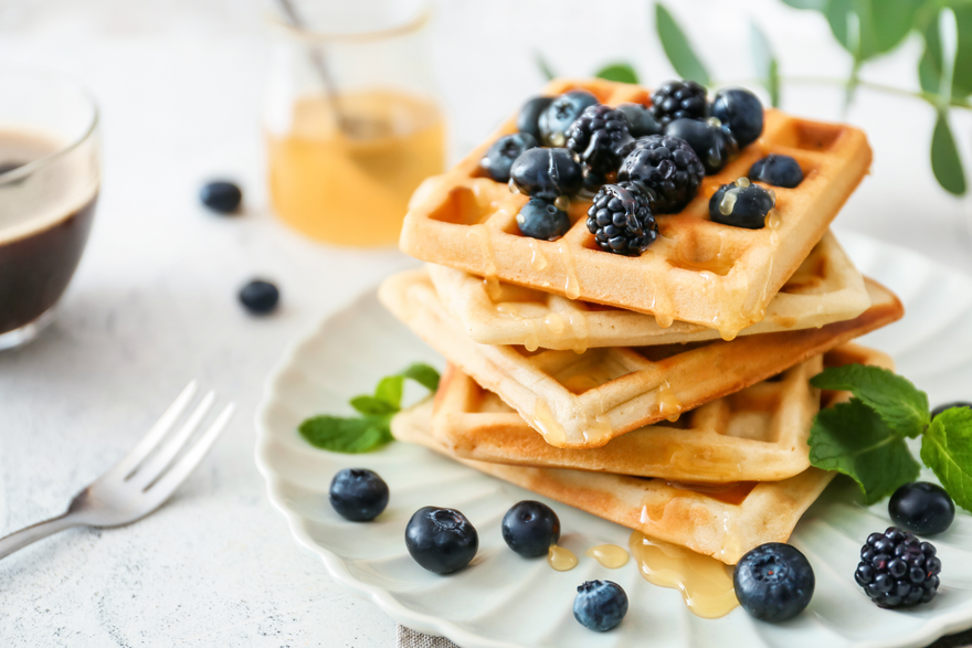 Plate of Belgian waffles with blueberries